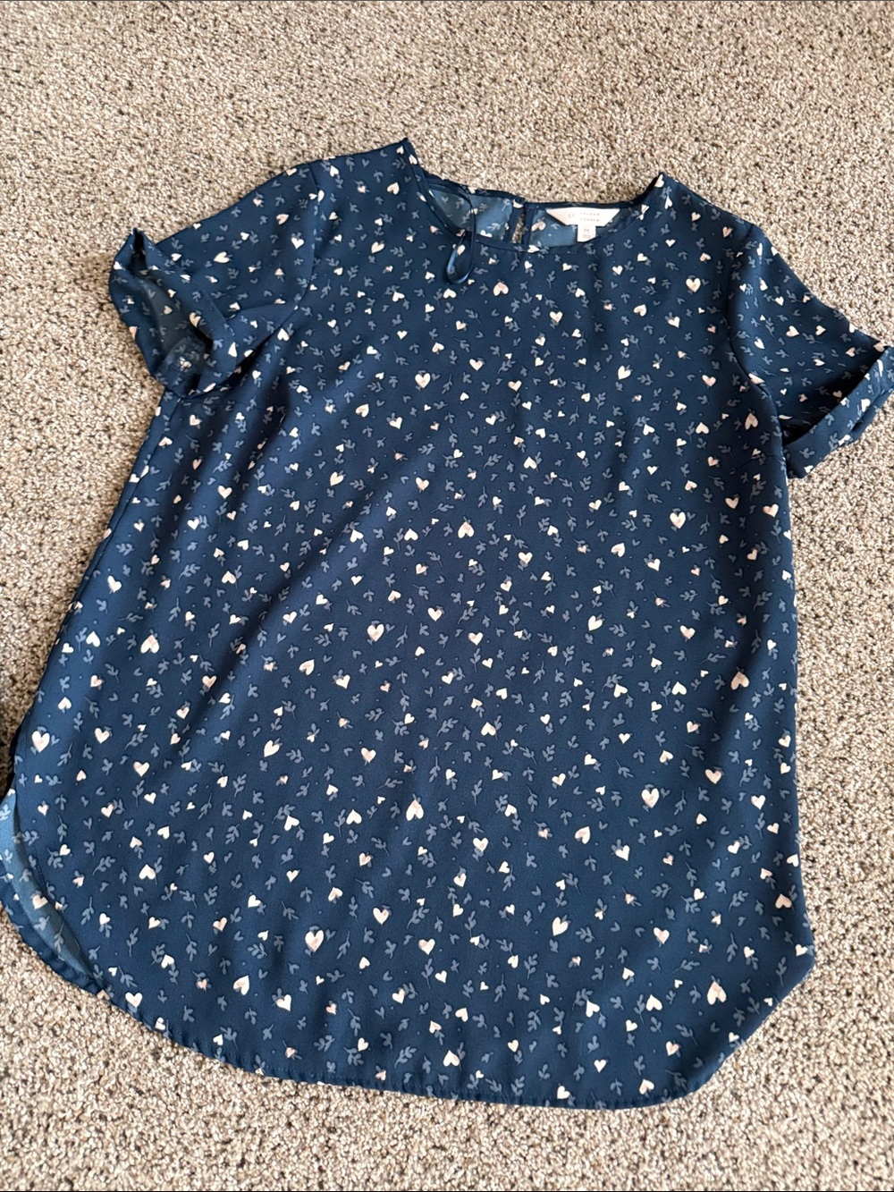 LC Lauren Conrad Navy Blue Heart-Print Short Sleeve Blouse